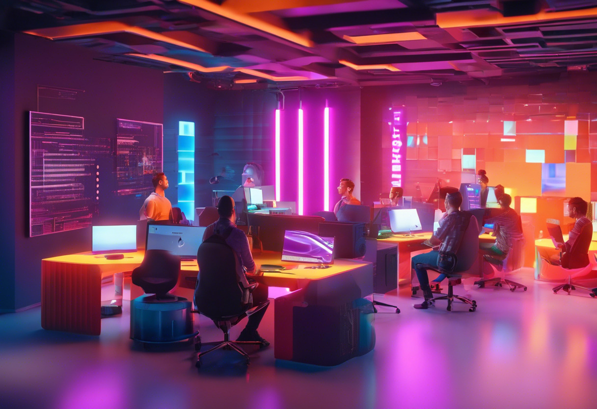 Colorful developers immersed in WebAssembly code at an innovative tech studio