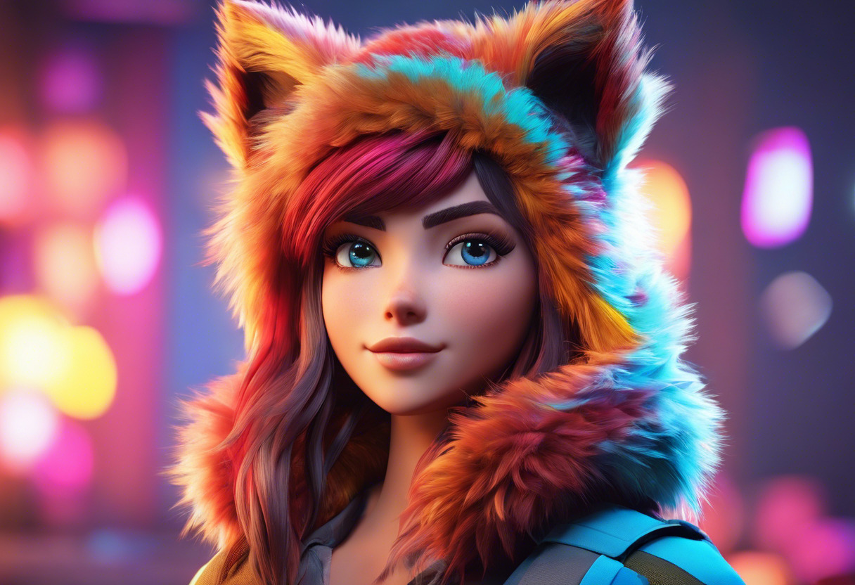 Colorful digital art creation showing character designed with fur and hair in a gaming development studio