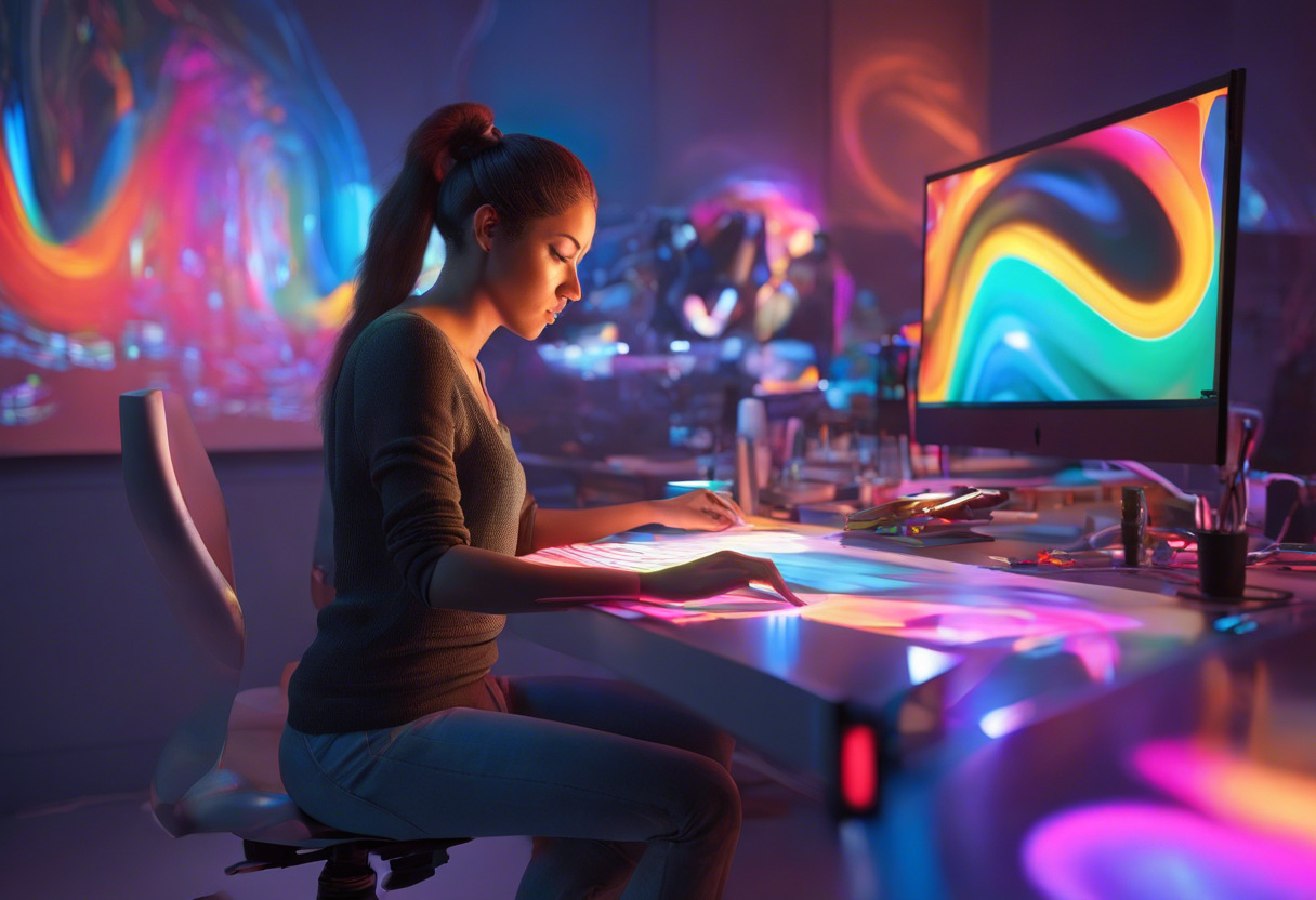 Colorful digital artist preparing a 3D model in a high-tech studio