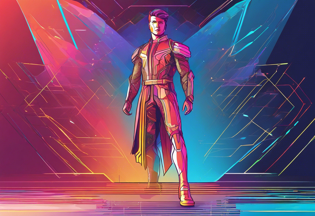 Colorful digital avatar of an empowered MetaHuman standing majestically against an augmented reality backdrop