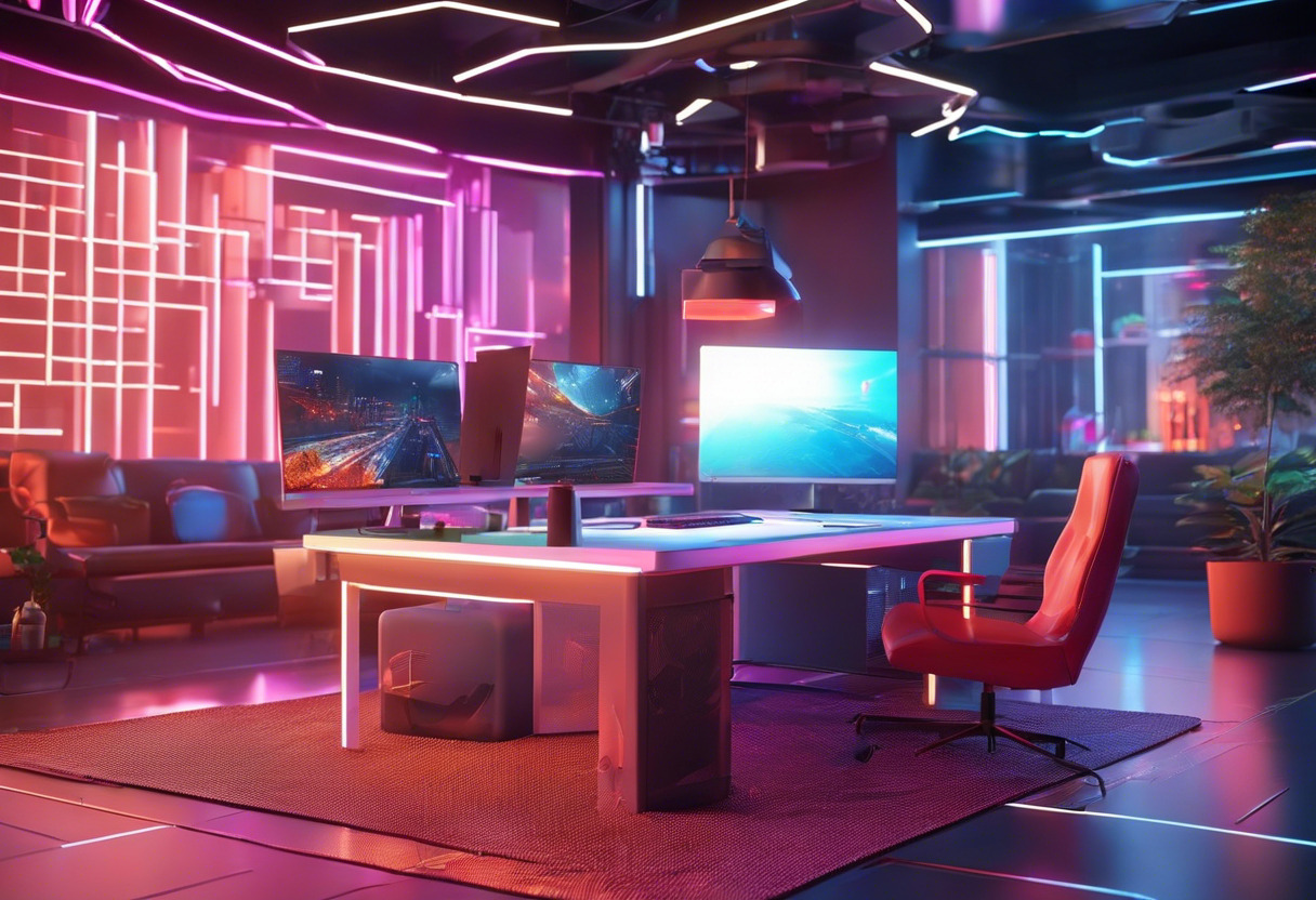 Colorful digital game scene being developed by a developer on a futuristic workspace