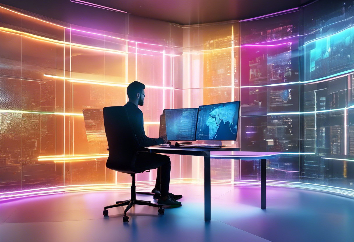 Colorful digital interface superimposed on a software developer working in a contemporary office