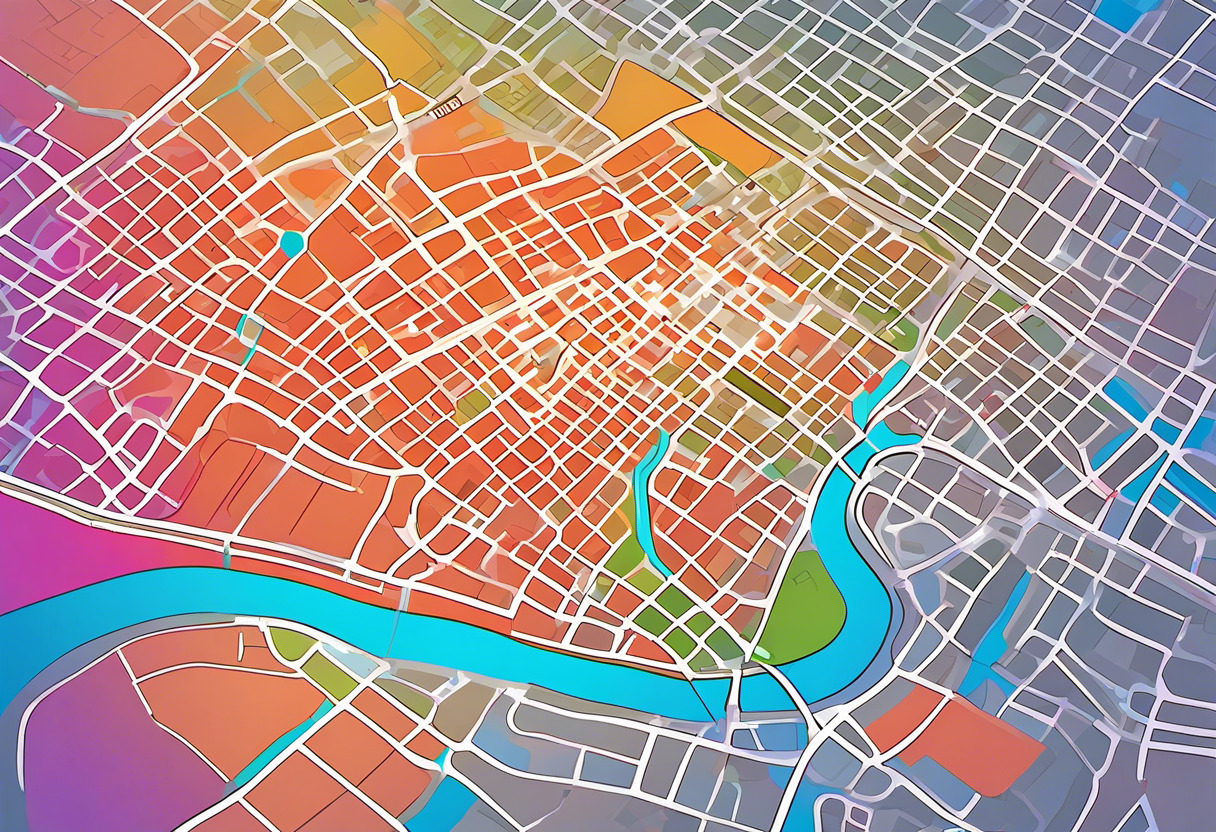 Colorful digital map on a Mapbox-powered application, highlighting various geographic features in a bustling city