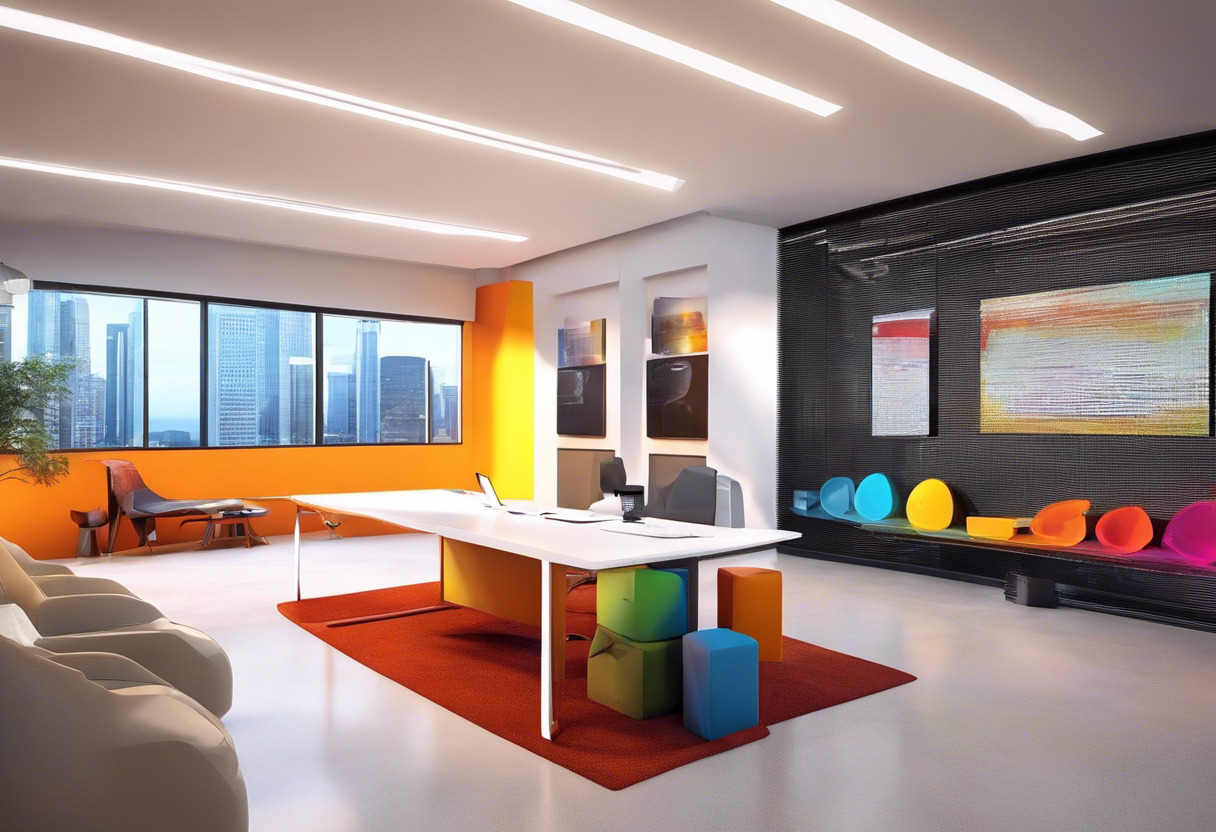 Colorful digital representation of AR interaction on MyWebAR platform, in a modern office setup