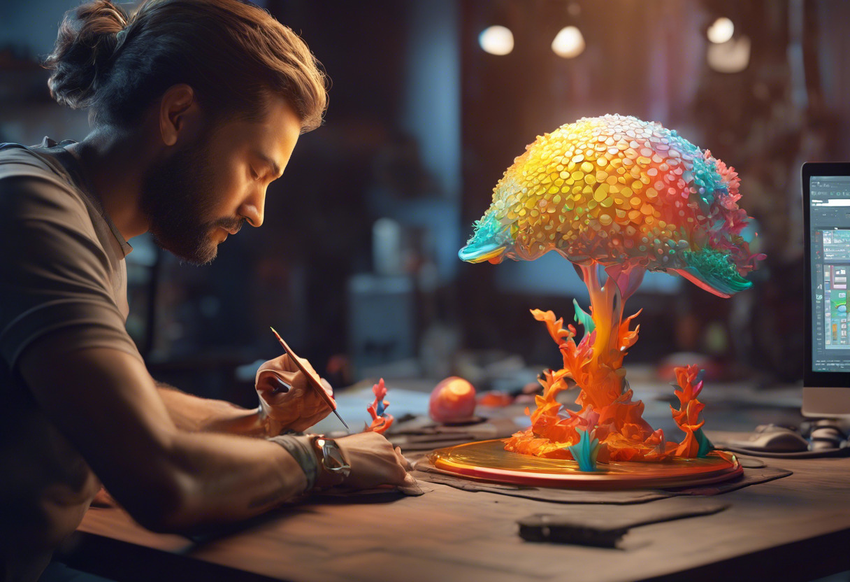 Colorful digital sculpting interface ZBrush being manoeuvered in a designer's studio
