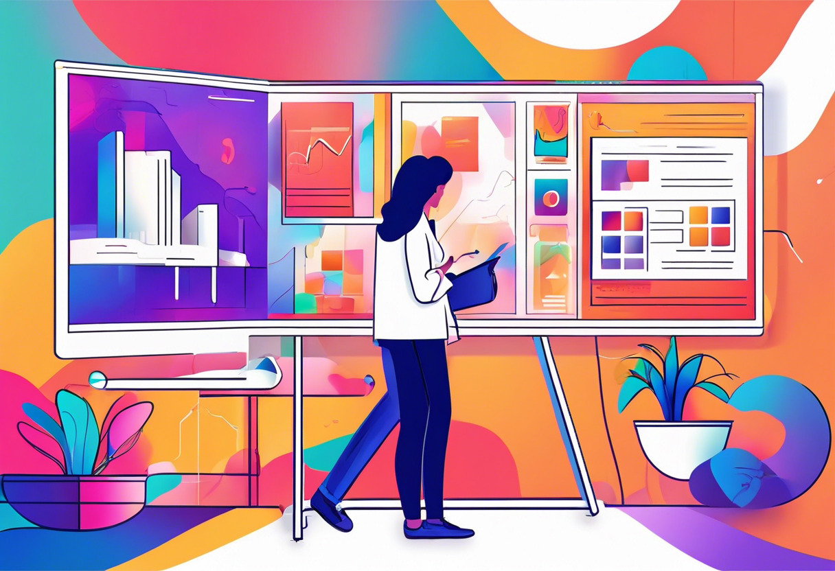 Colorful digital workplace where a marketer creatively designs AR experiences using BUNDLAR’s CMS on a large screen