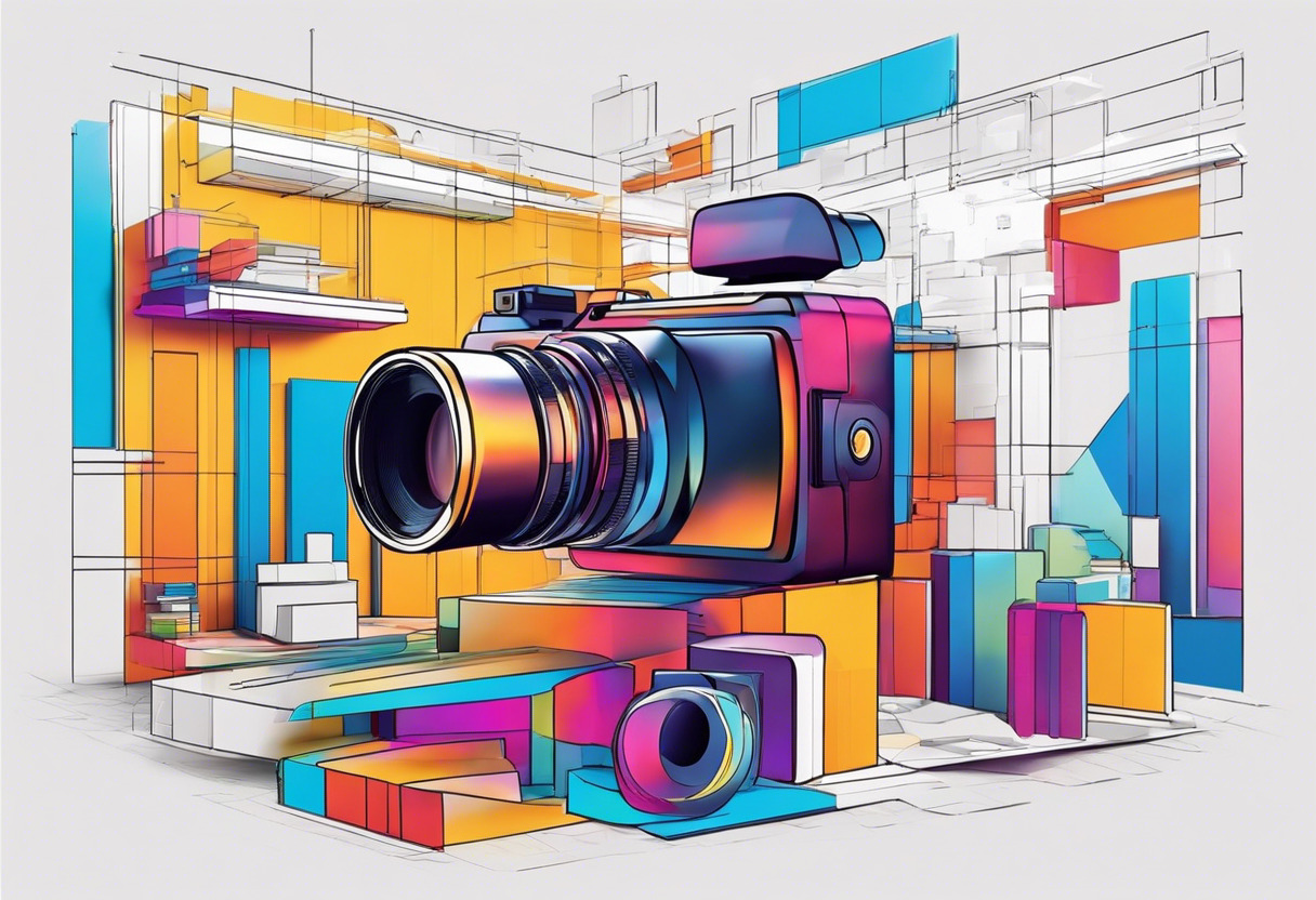 Colorful display of a Camera IQ AR experience featuring an interactive 3D model, set against a bustling studio backdrop