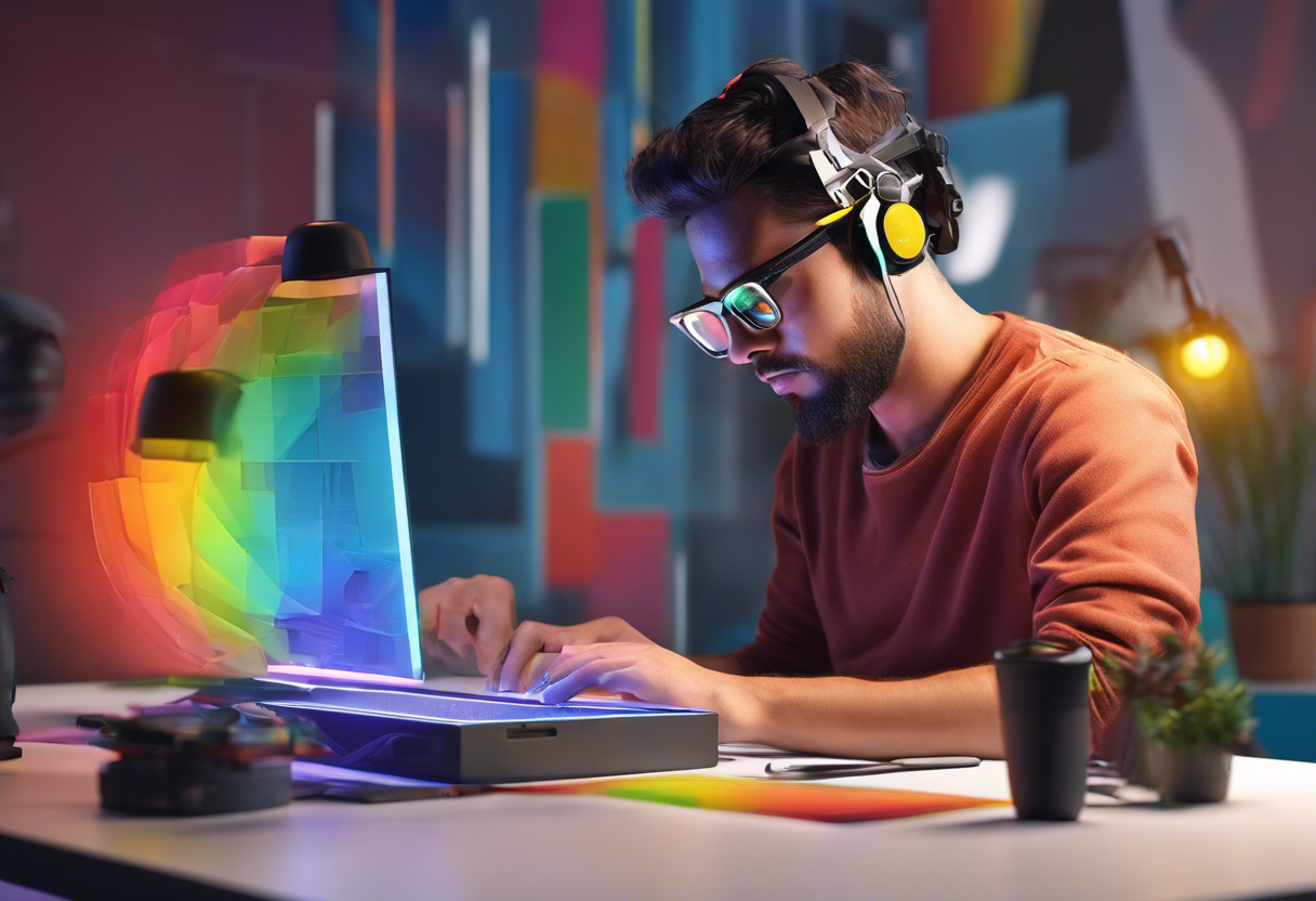 Colorful display of a creative professional working on an AR project in a digital studio