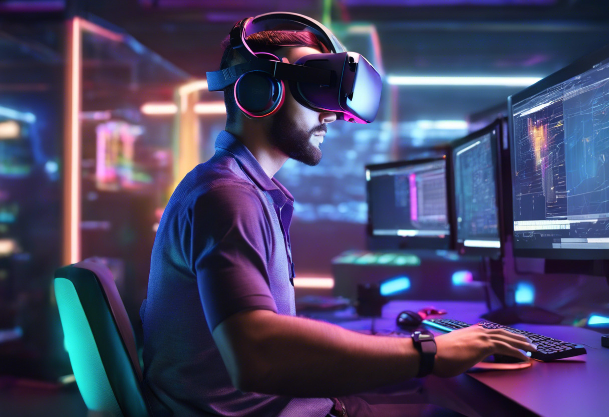 Colorful display of a developer using a VR headset in a computer lab