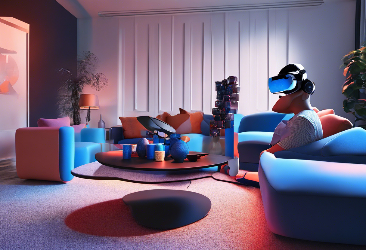 Colorful display of a person using VIVE Pro 2 for an immersive gaming session in a modern living room