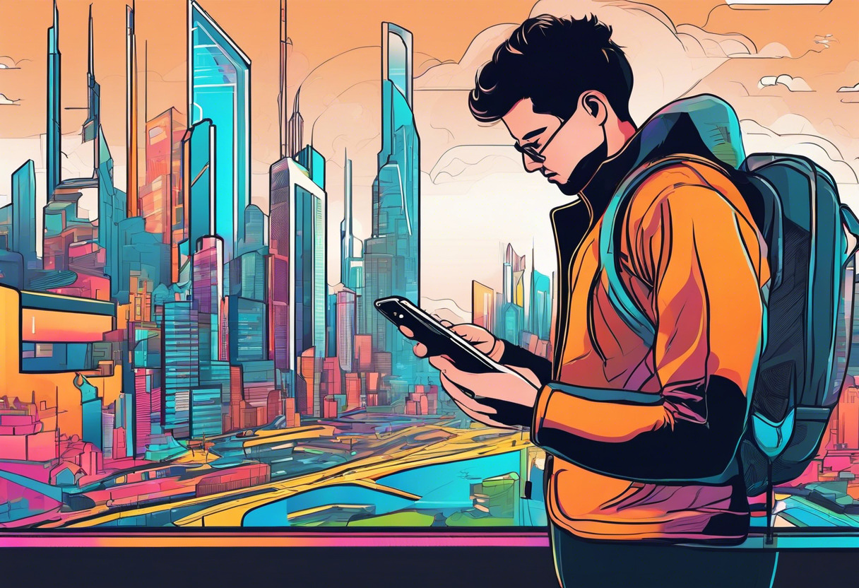 Colorful display of a young gamer viewing a futuristic AR city map on his smartphone