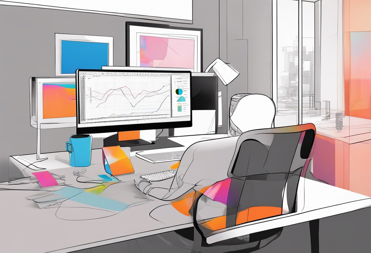 Colorful display of an animator using Blender on an advanced workstation in a creative agency