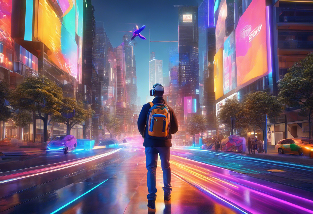 Colorful dynamic depiction of an Augmented Reality user exploring digital elements within a real-world cityscape