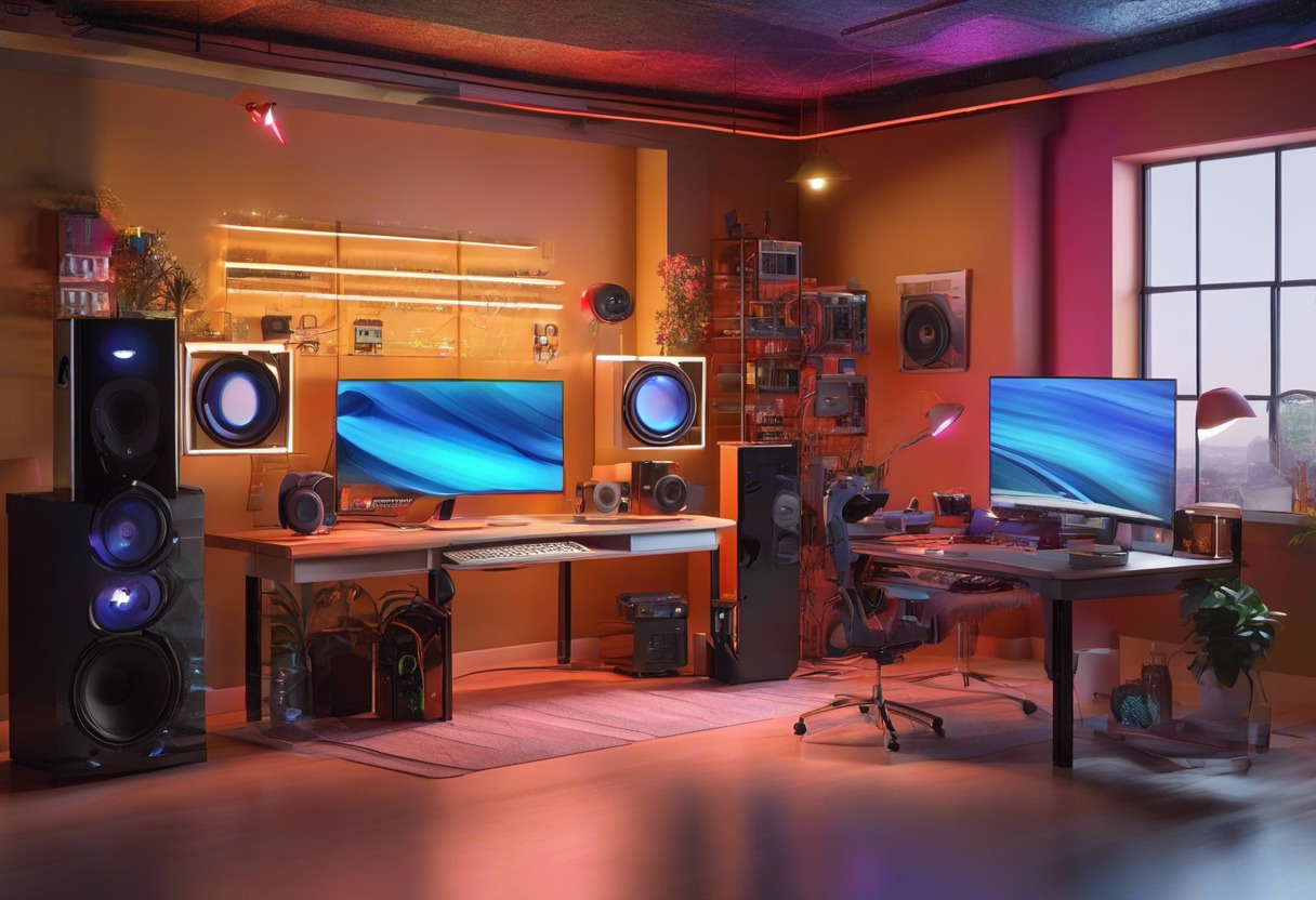 Colorful electronics studio inundated with Fusion360 design diagrams