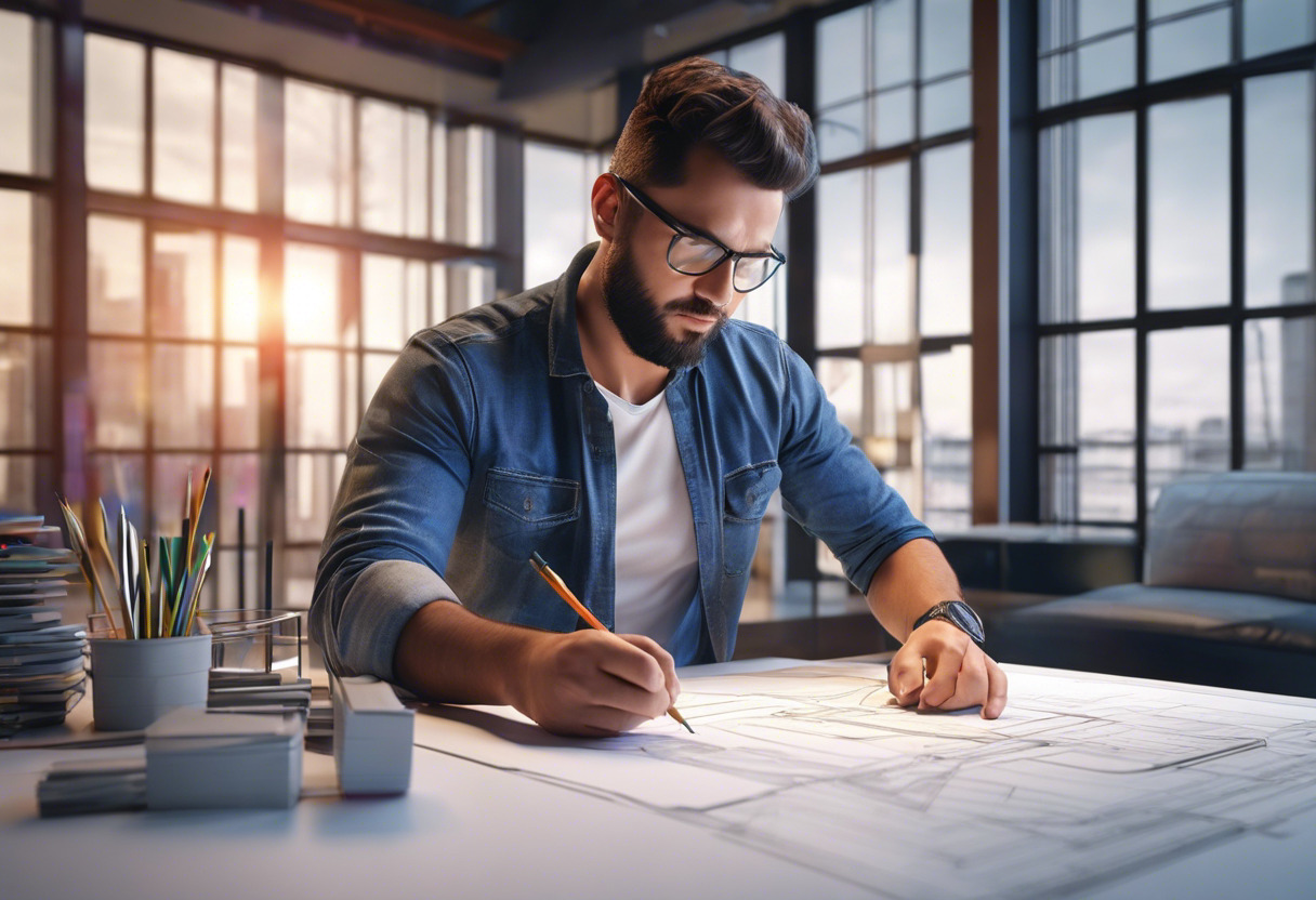 Colorful engineer sketching an architectural design in an advanced CAD studio