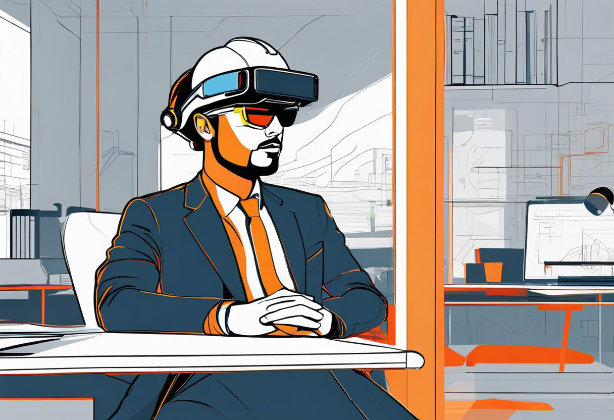 Colorful engineer wearing the HoloLens 2 in a state-of-the-art office