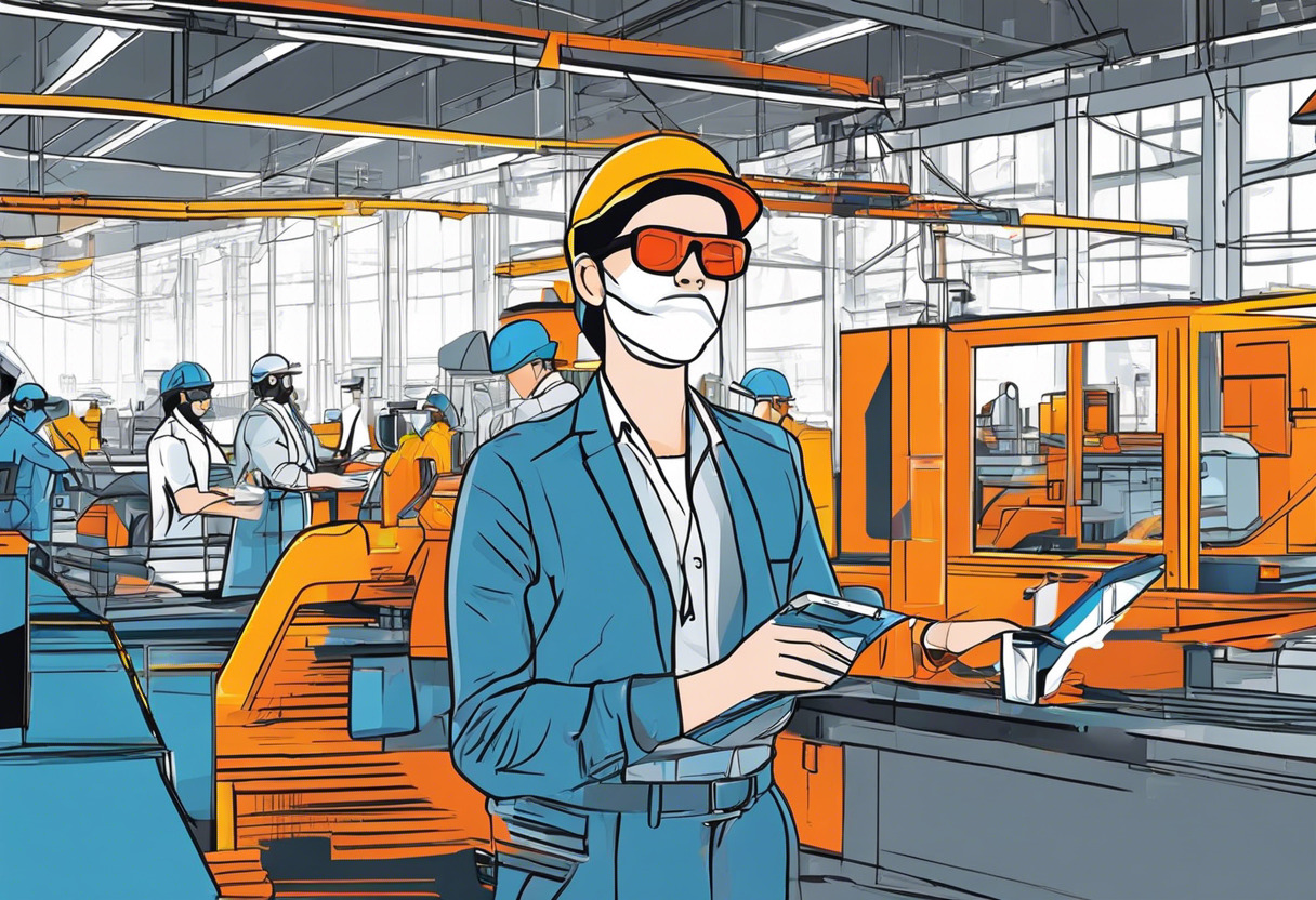 Colorful engineer wearing Vuzix Blade glasses in a bustling factory