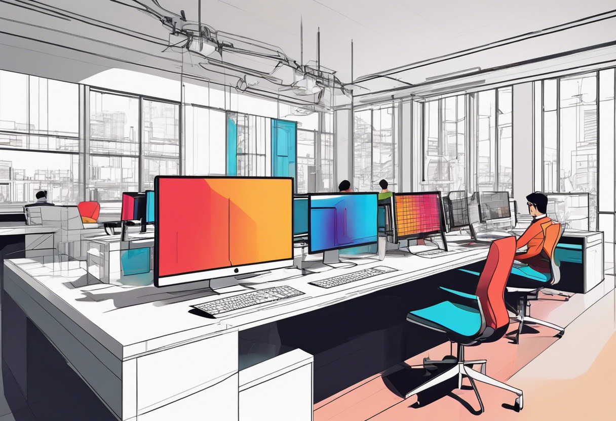 Colorful engineers using AutoCAD in a modern design studio