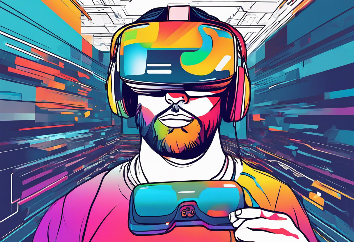 Colorful enthusiastic gamer navigating through a virtual world using VR headset