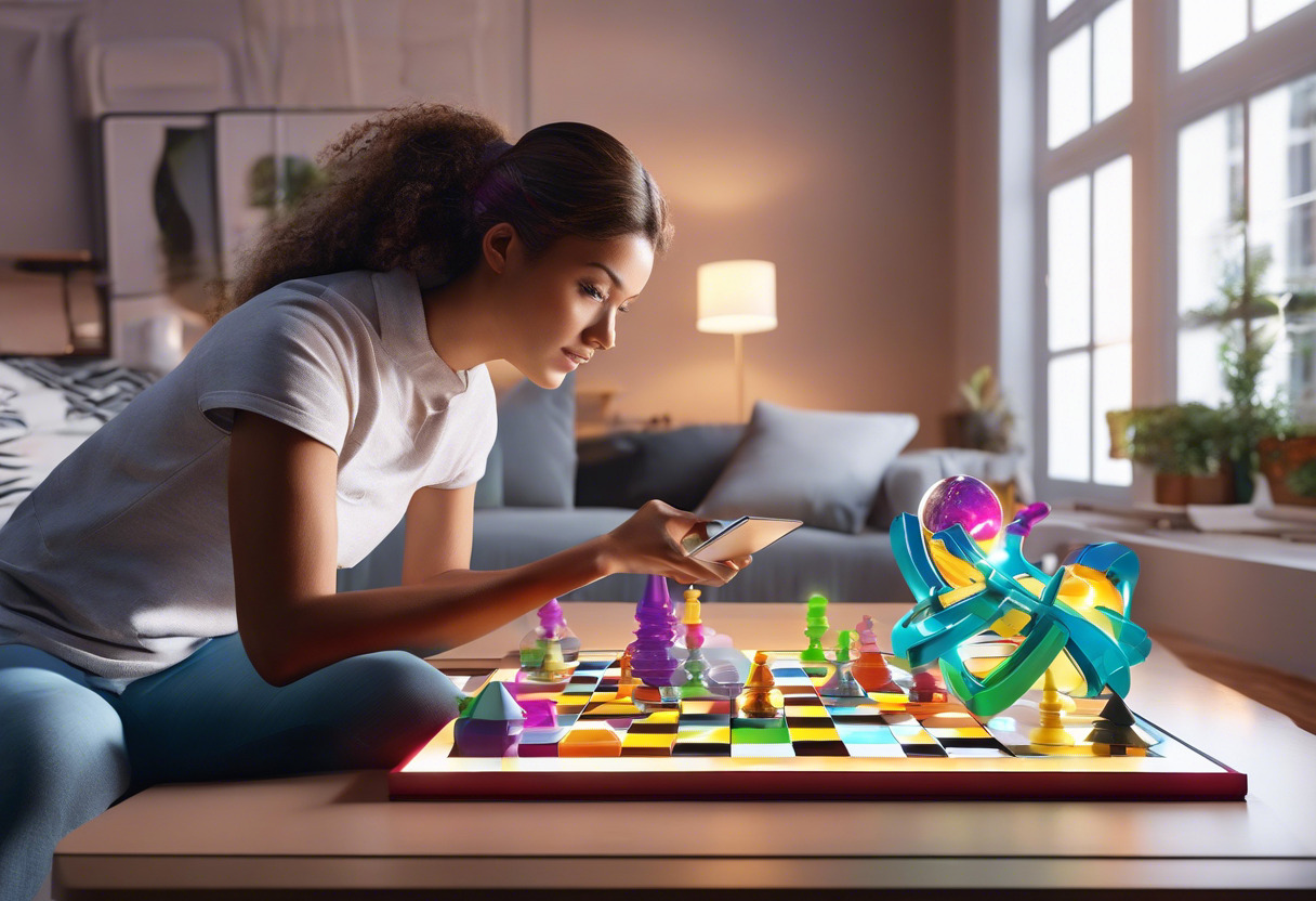 Colorful explorer discovering augmented reality board games using Meta Quest 3 in a modern living room