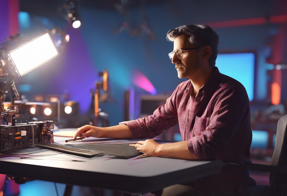 Colorful film director working on an animated movie using Blender in a studio