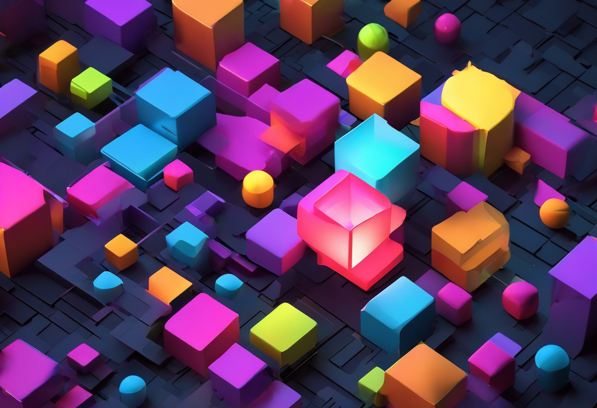 Colorful game code data visualized on a 3D model deployed by a developer in a tech studio