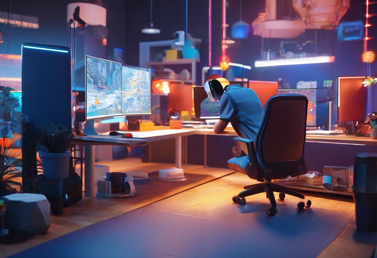 Colorful game developer at a workstation, designing a scene using Godot