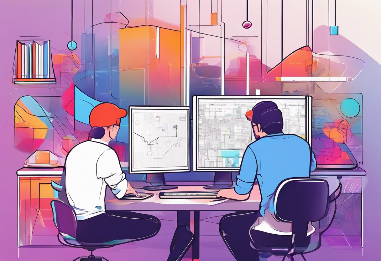 Colorful game developer brainstorming designs on multiple screens in a technologically vibrant studio