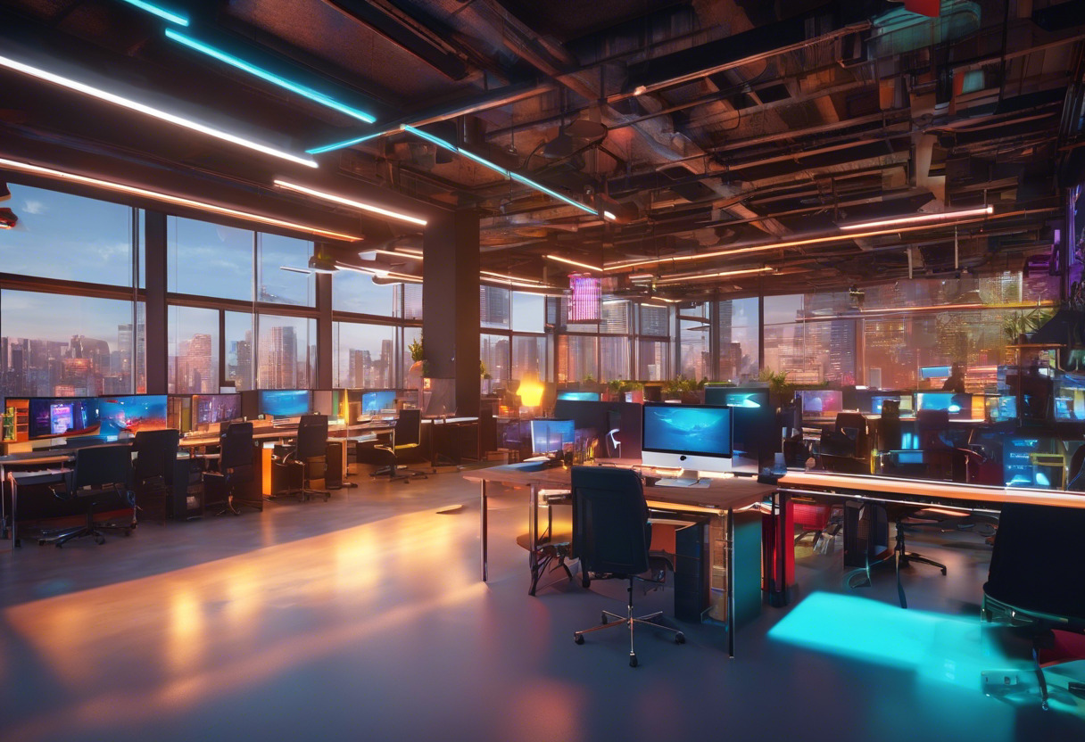 Colorful game developer coding new level in urban co-working space