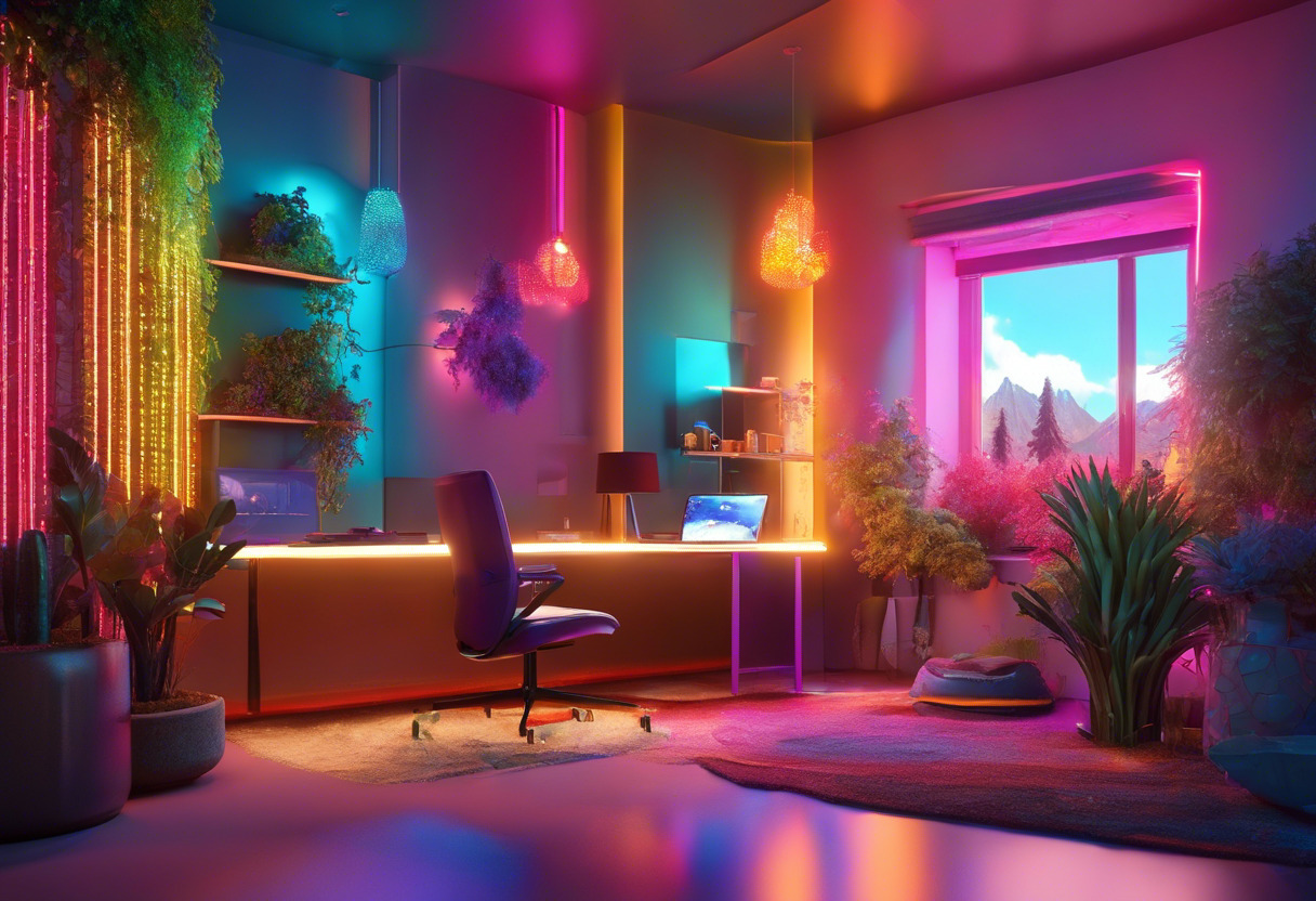 Colorful game developer creating intricate 3D world with Unreal Engine 5