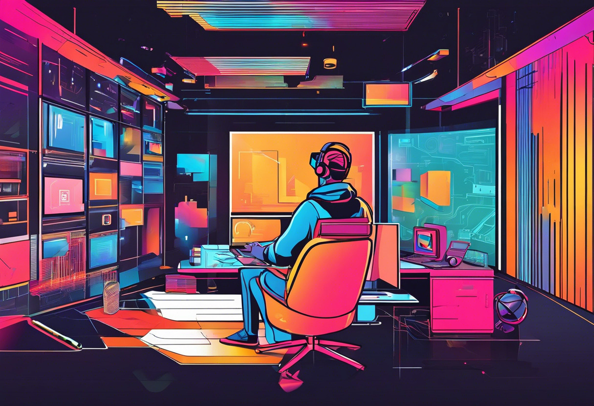 Colorful game developer designing a VR world inside a modern studio