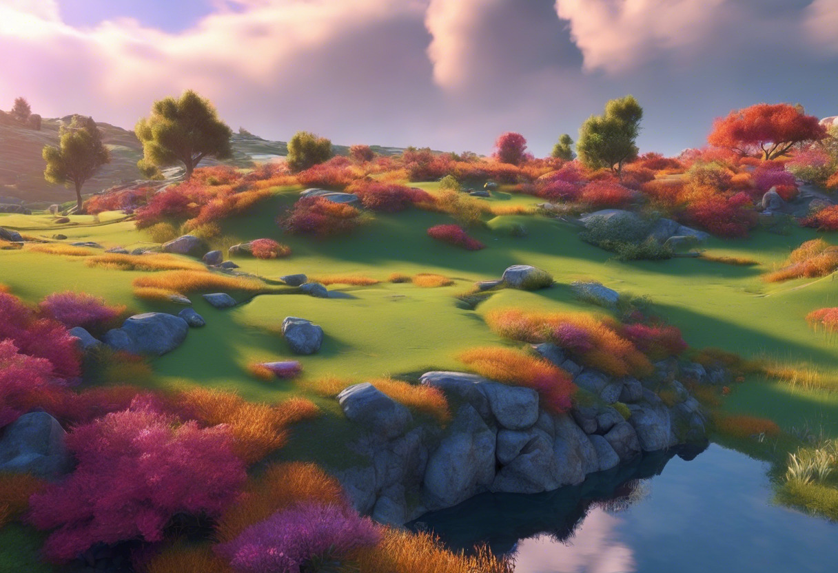 Colorful game developer using the Godot engine to create visually striking game landscapes