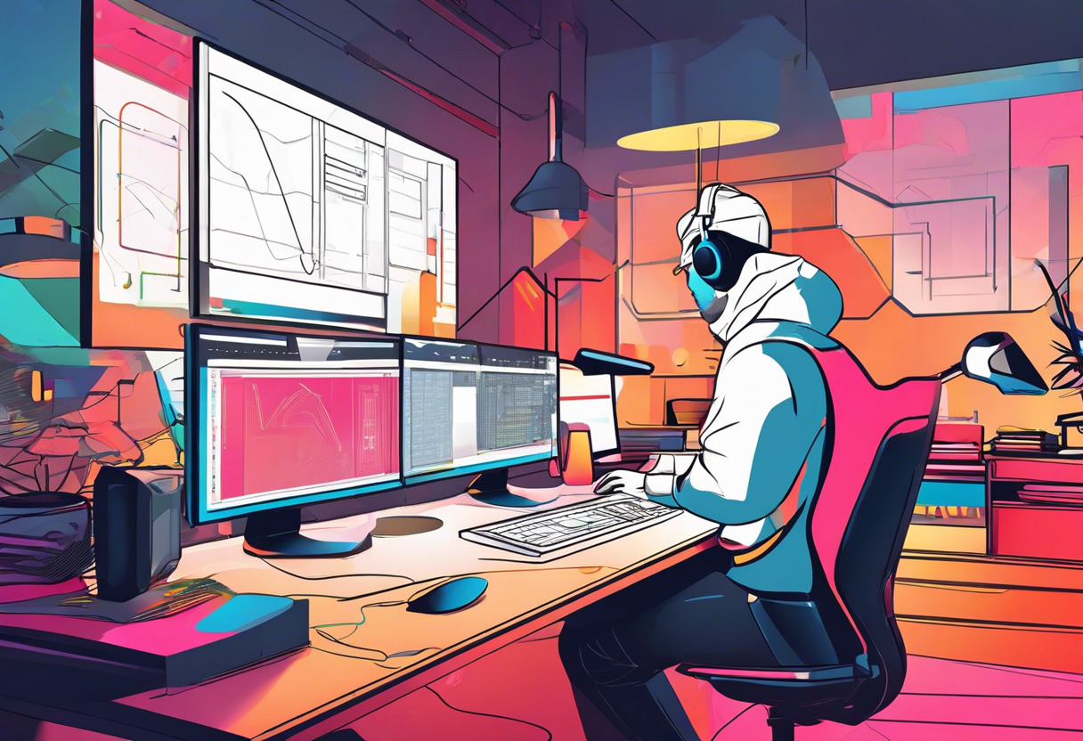 Colorful game developer working at his desktop in a technology studio