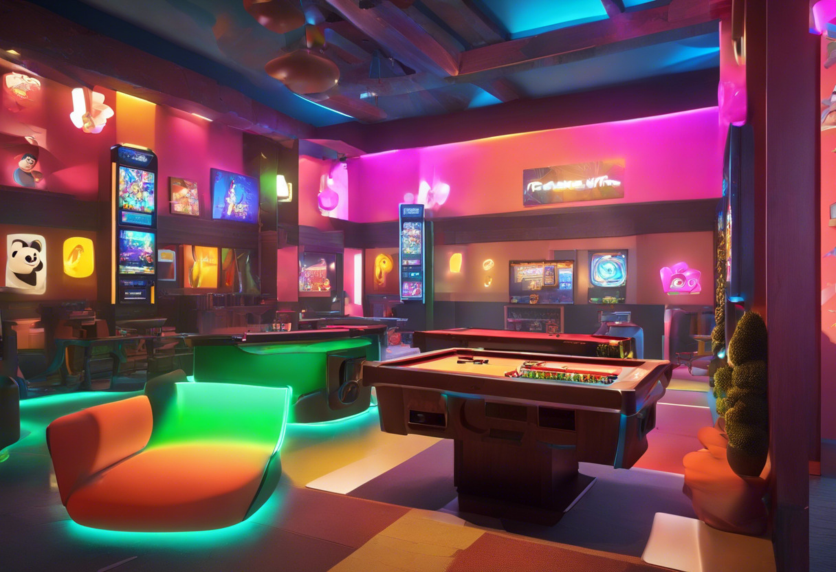 Colorful game view featuring characters developed in Panda3D in a gaming room