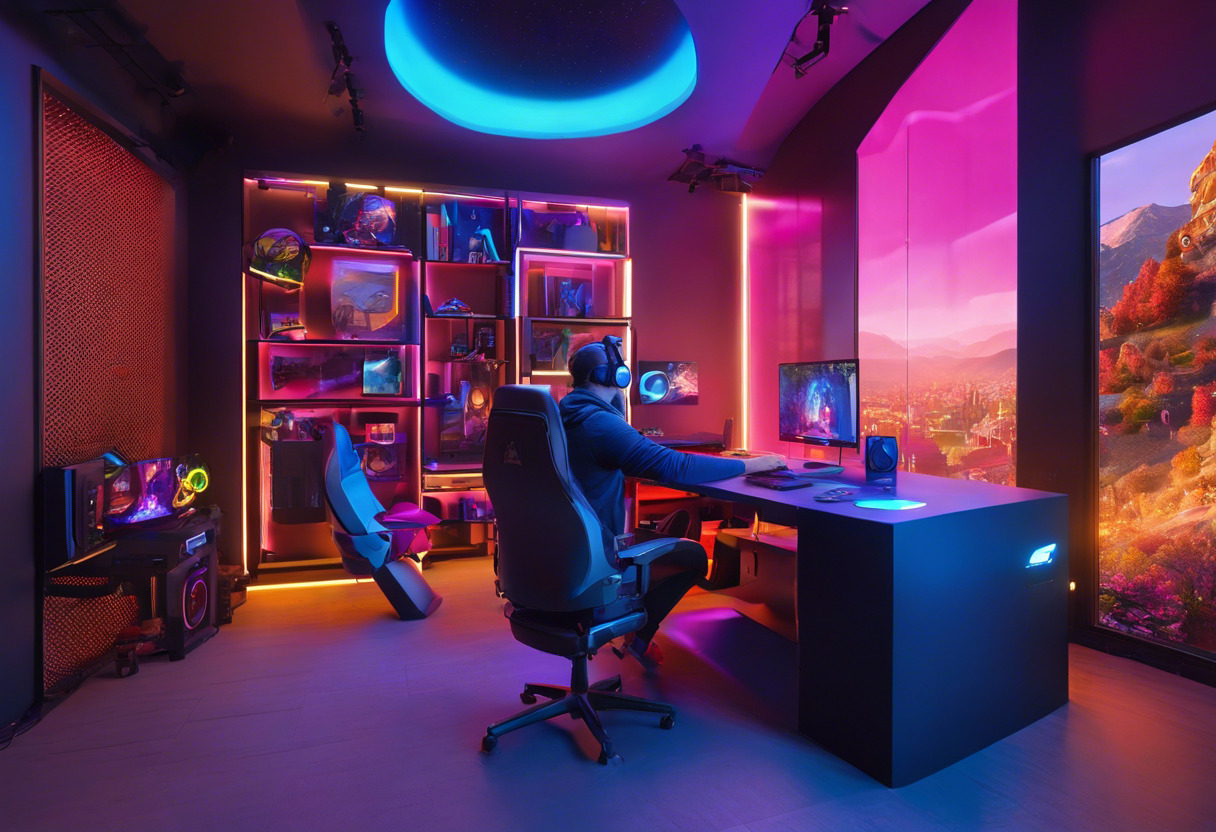 Colorful gamer enveloped in the intricacies of 3D model building through RealityScan in his modern gaming room