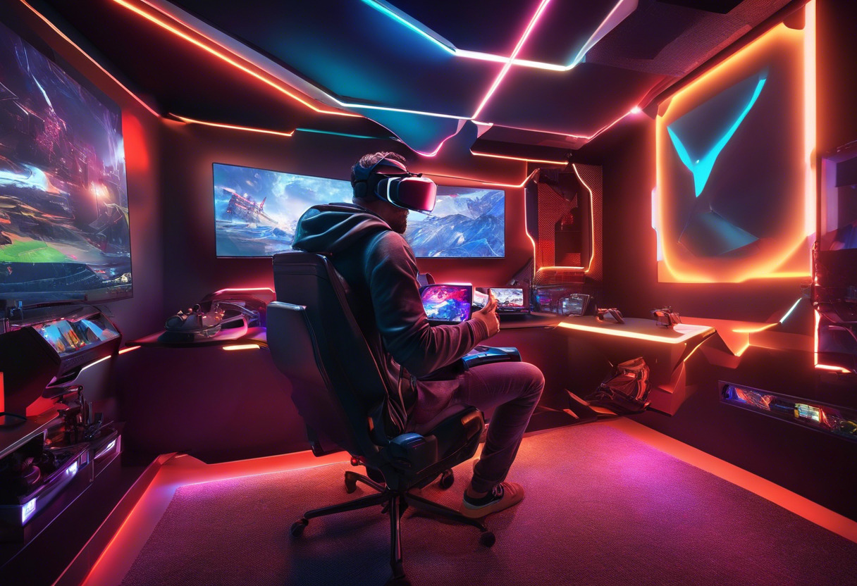 Colorful gamer playing a virtual reality game in a high-tech gaming room