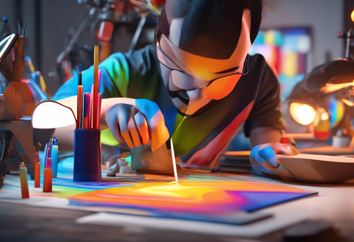 Colorful graphic artist sculpting digital 3D model in a creative studio