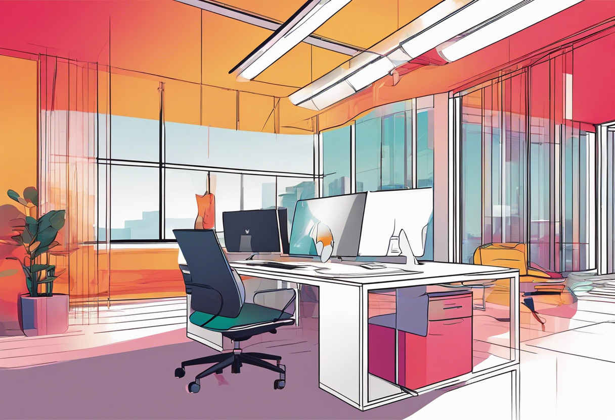 Colorful graphic depiction of an Apple Vision Pro wearer in a digitally transformed office