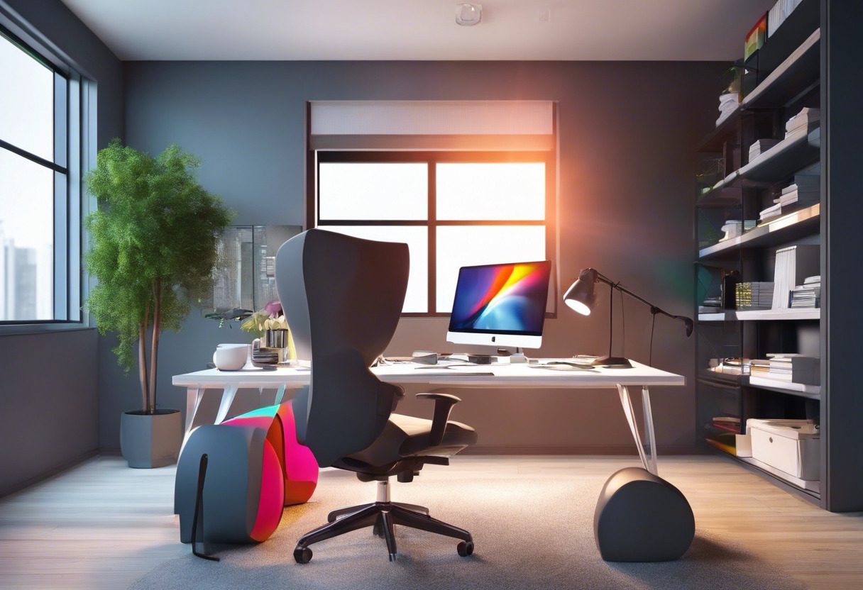 Colorful graphic designer creating animated film using Blender in a modern office