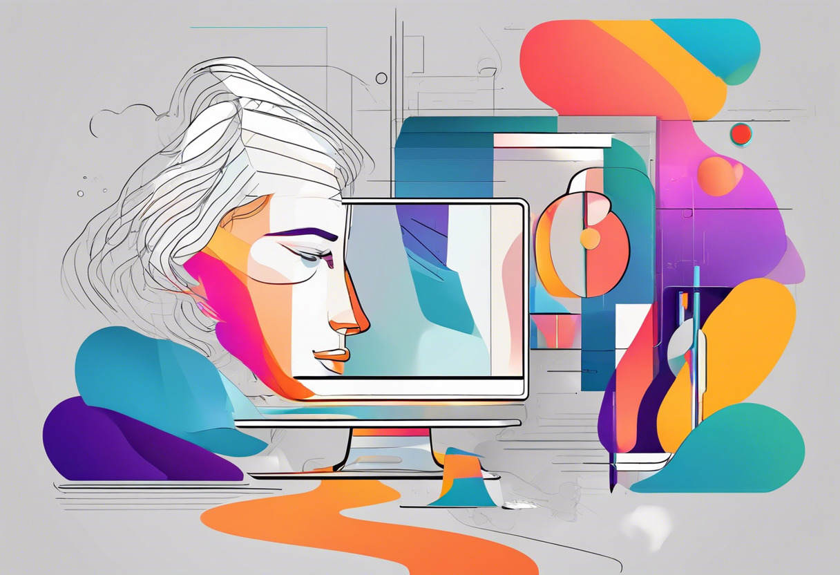 Colorful graphic designer intricately sculpting a human face on Blender