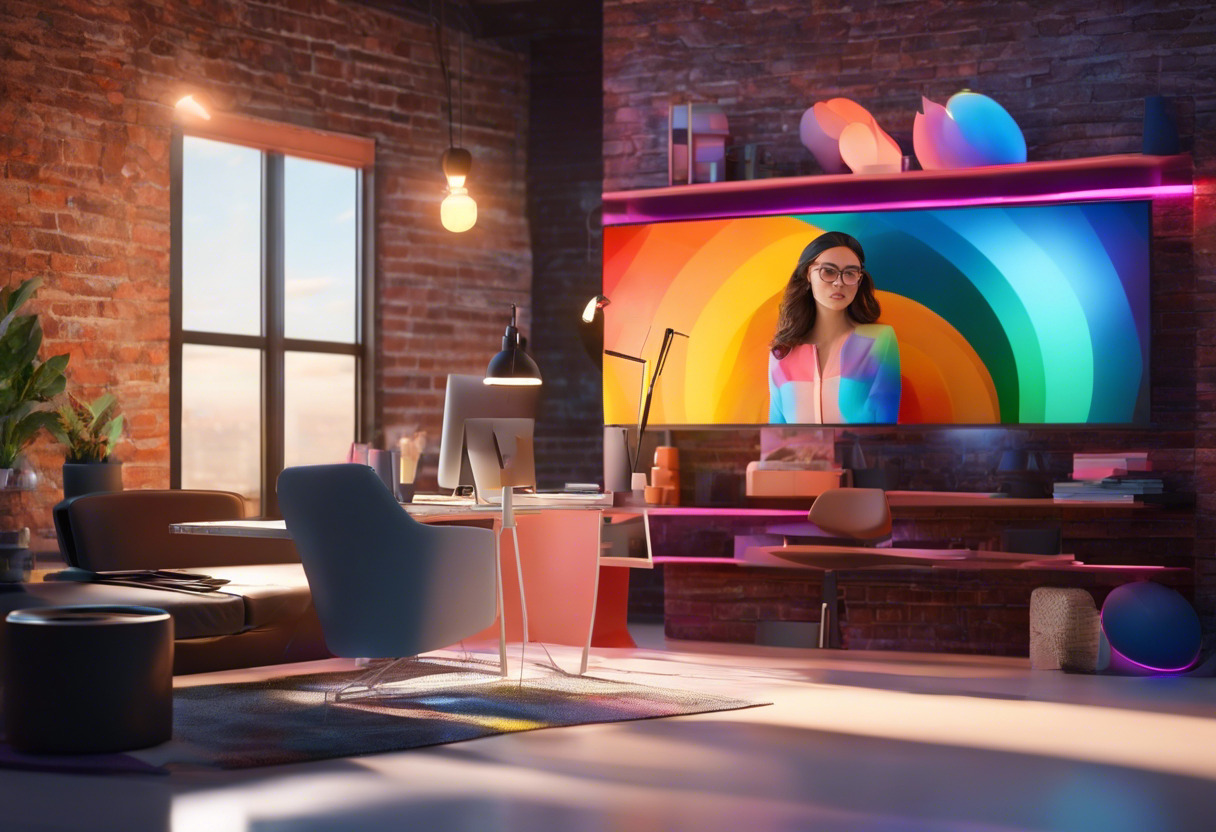 Colorful graphic designer using Adobe Aero in a modern studio