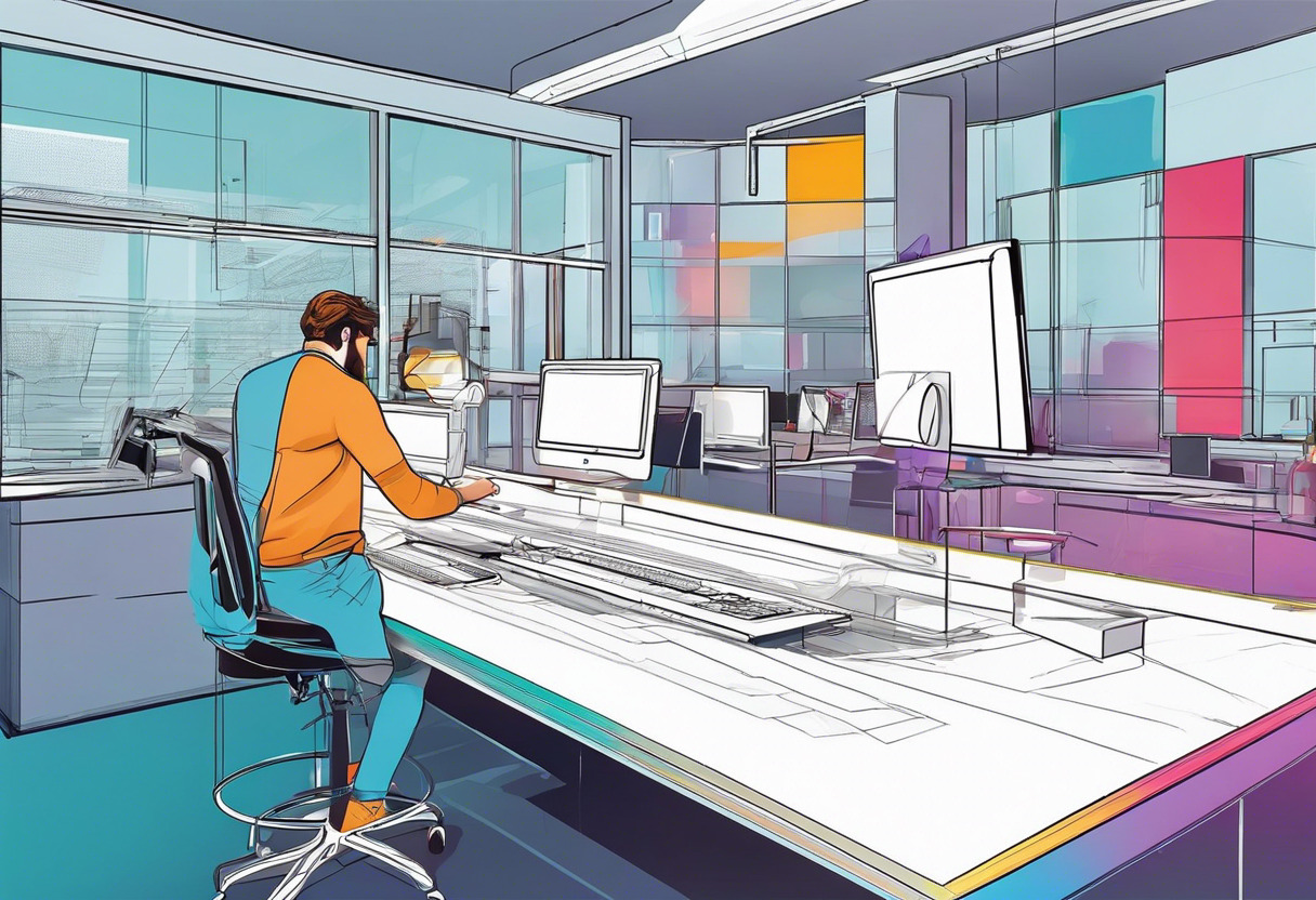 Colorful graphic designer using Autodesk 3ds Max in a high-tech 3D imaging lab