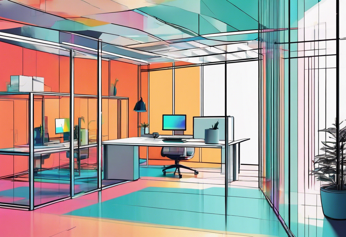 Colorful graphic of a person experiencing an AR overlay in a modern office space