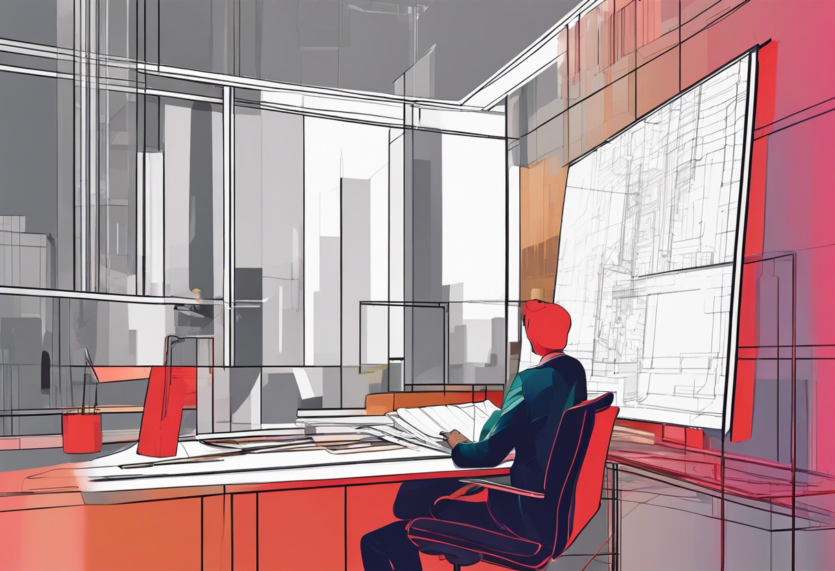 Colorful graphic of an architect using AutoCAD on a digital screen