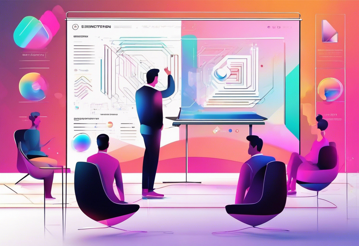Colorful graphic presentation of a 3D design on TouchDesigner against the backdrop of a tech conference