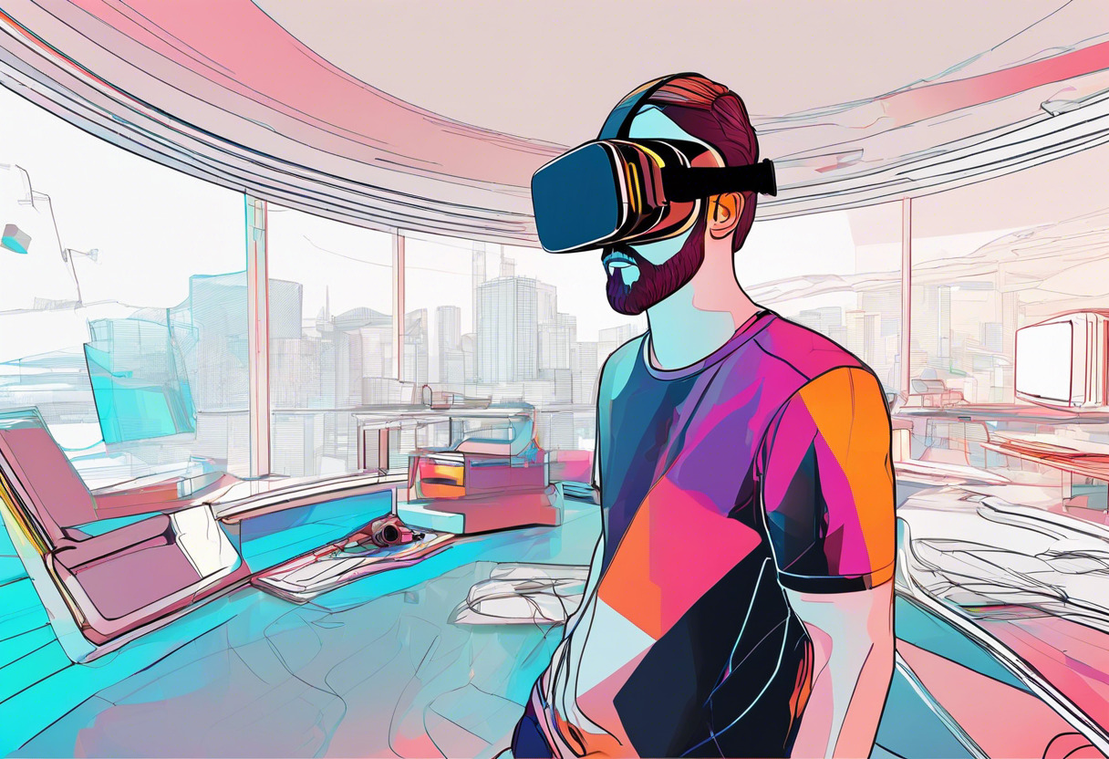 Colorful graphic rendering of a VR game in progress