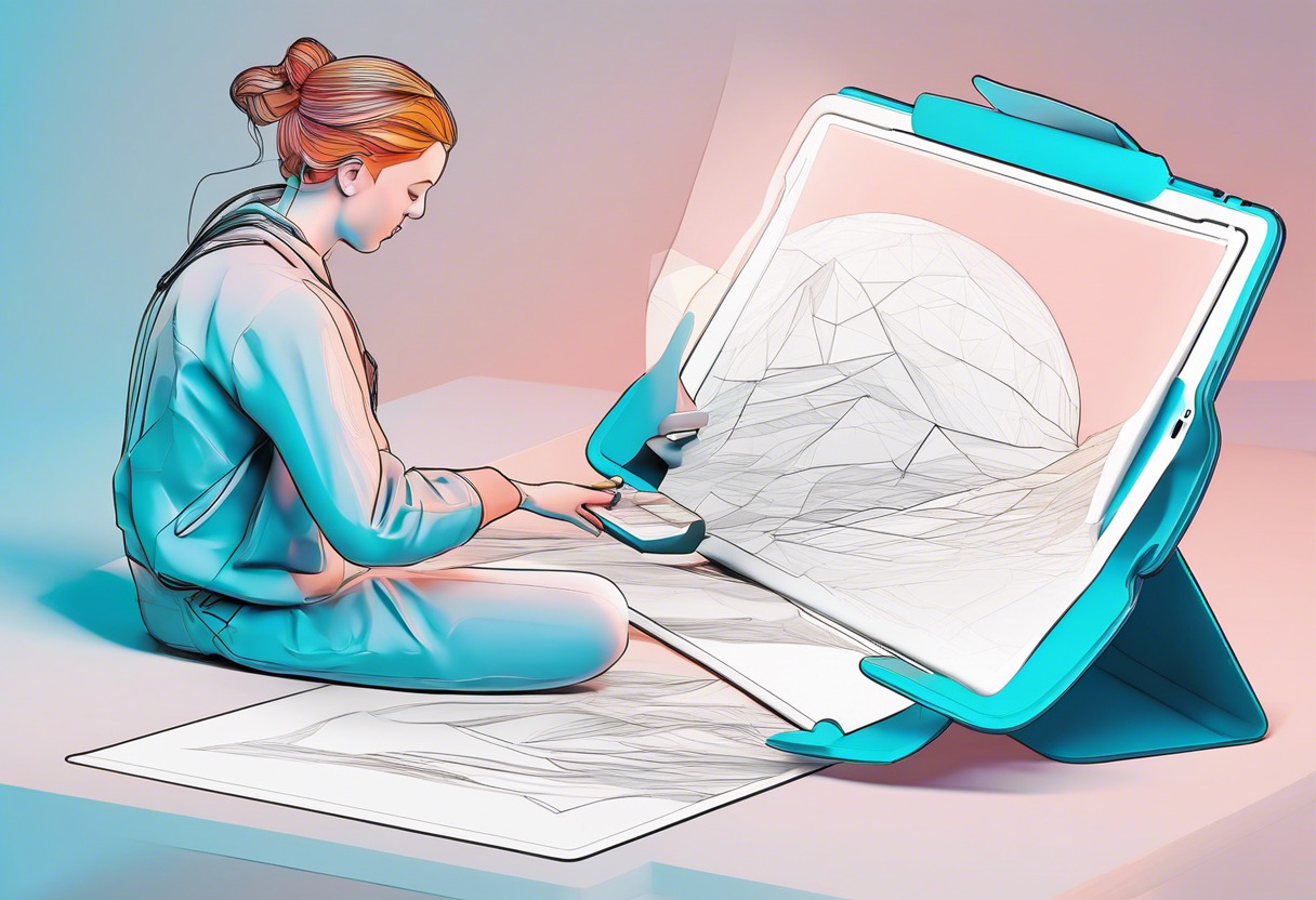 Colorful graphic representation of a person sculpting a 3D model on an iPad Pro, symbolizing the application of Nomad Sculpt.