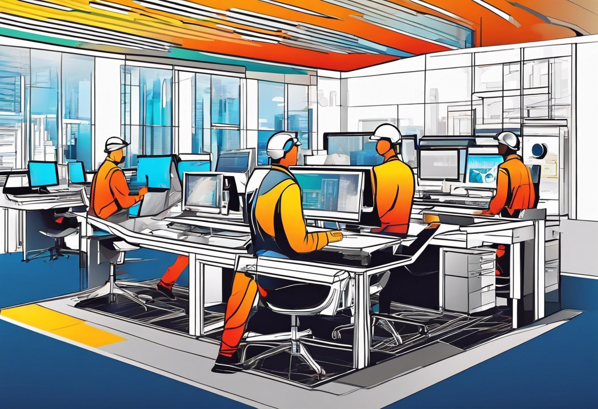 Colorful group of engineers at a high-tech workstation