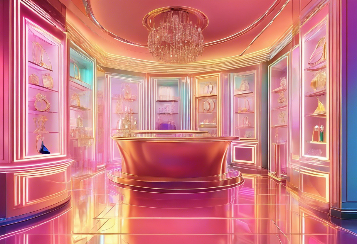 Colorful holographic projection of exquisite jewelry in a luxury store