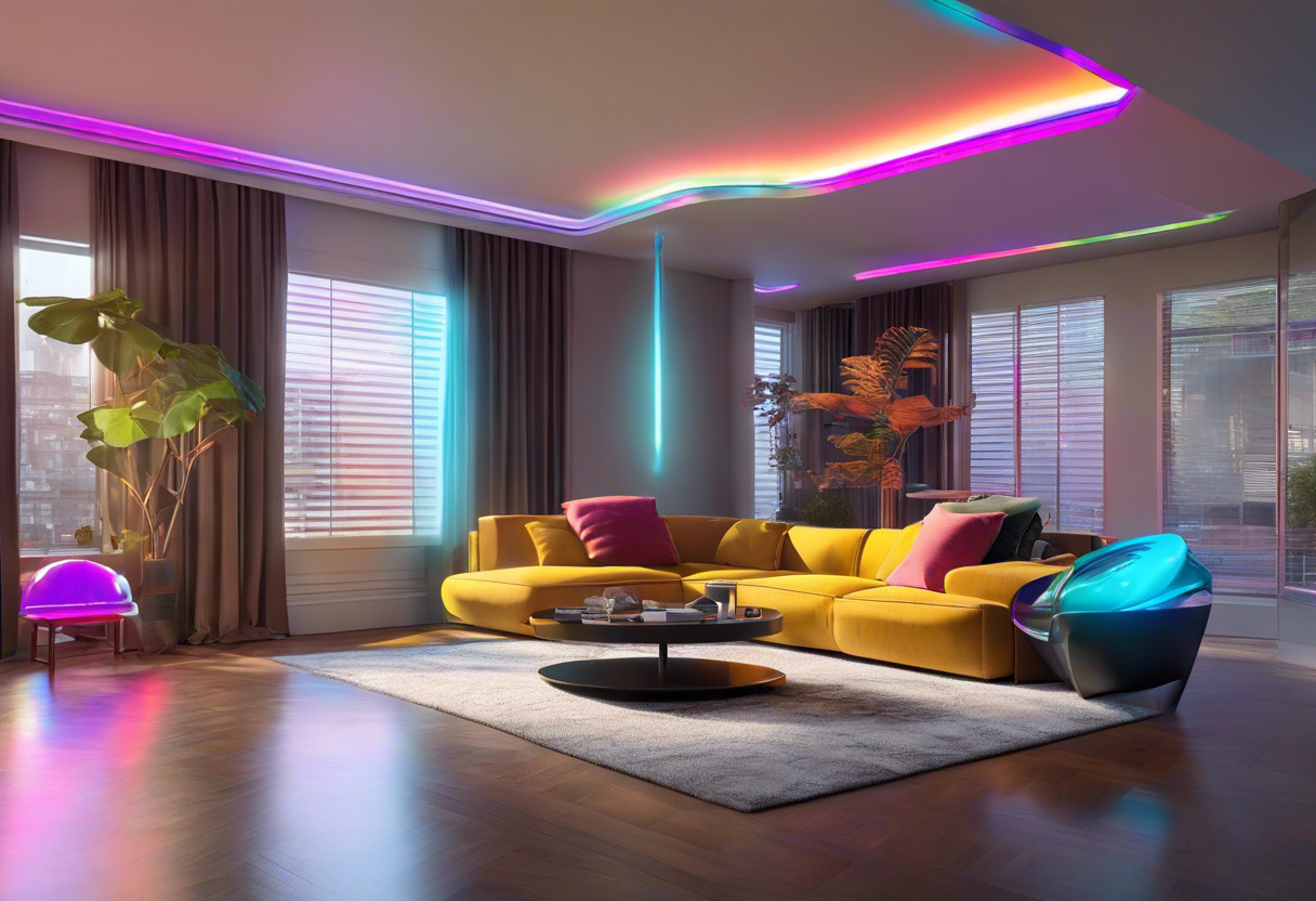 Colorful holographic simulations from the Magic Leap 1 taking over a modern living room